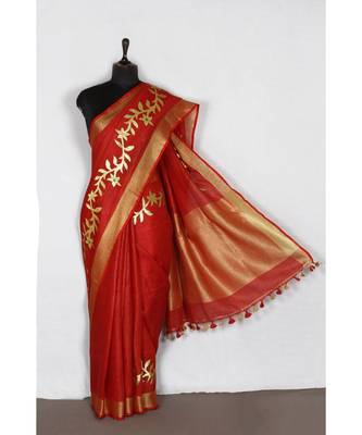red Handloom Pure Linen Saree with embroidery work 1