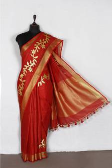 red Handloom Pure Linen Saree with embroidery work
