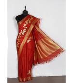 red Handloom Pure Linen Saree with embroidery work