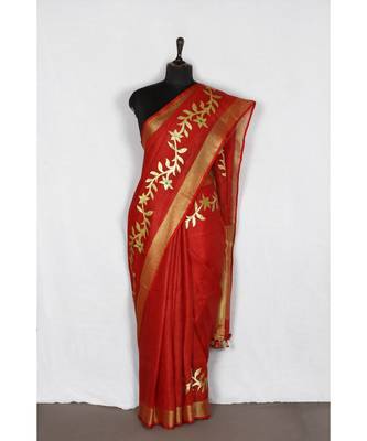 red Handloom Pure Linen Saree with embroidery work 2
