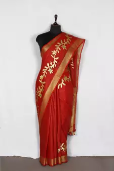 red Handloom Pure Linen Saree with embroidery work