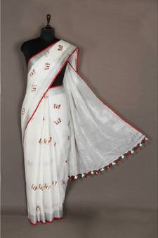 white Handloom Pure Linen Saree with embroidery work