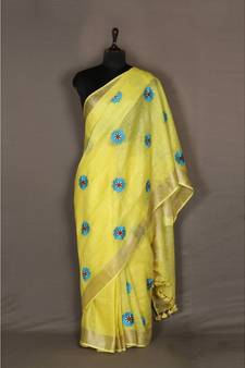 yellow Handloom Pure Linen Saree with embroidery work