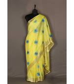 yellow Handloom Pure Linen Saree with embroidery work