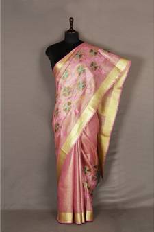 pink Handloom Pure Linen Saree with embroidery work
