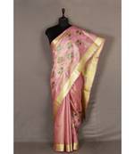 pink Handloom Pure Linen Saree with embroidery work