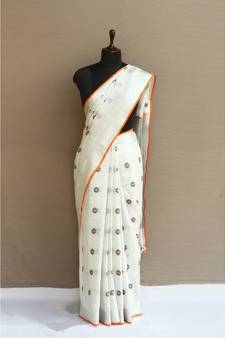 white Handloom Pure Linen Saree with embroidery work