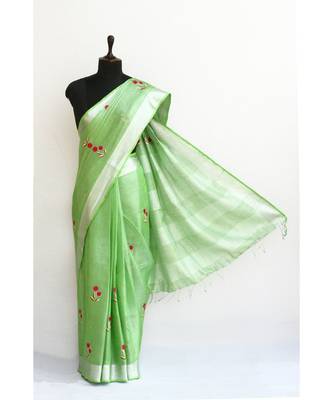 green Handloom Pure Linen Saree with embroidery work 1
