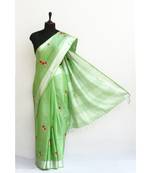 green Handloom Pure Linen Saree with embroidery work