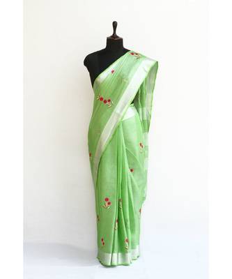 green Handloom Pure Linen Saree with embroidery work 2