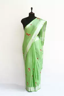 green Handloom Pure Linen Saree with embroidery work