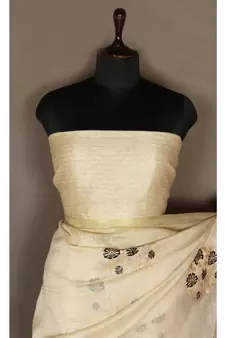 white Handloom Pure Linen Saree with embroidery work