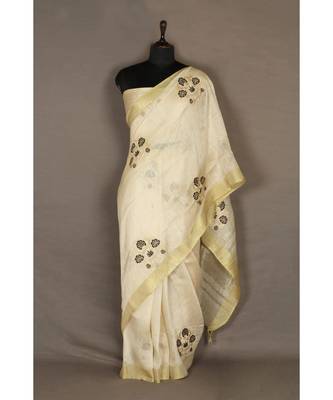 white Handloom Pure Linen Saree with embroidery work 1