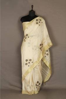 white Handloom Pure Linen Saree with embroidery work