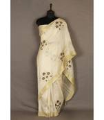 white Handloom Pure Linen Saree with embroidery work