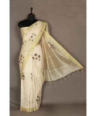 white Handloom Pure Linen Saree with embroidery work 3