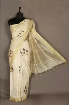 white Handloom Pure Linen Saree with embroidery work