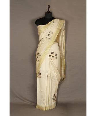 white Handloom Pure Linen Saree with embroidery work 4