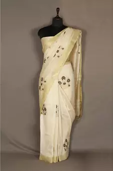 white Handloom Pure Linen Saree with embroidery work