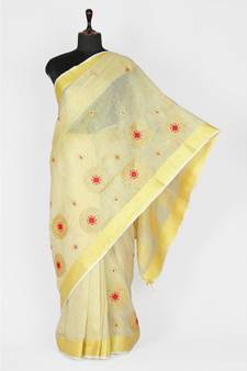 yellow Handloom Pure Linen Saree with embroidery work