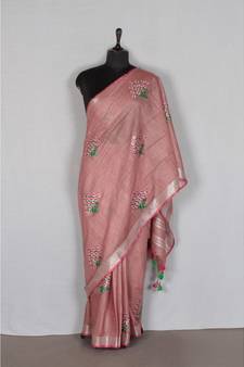 pink Handloom Pure Linen Saree with embroidery work