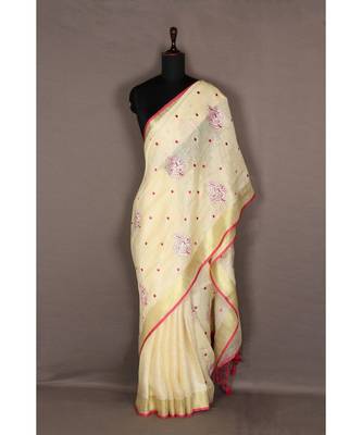 white Handloom Pure Linen Saree with embroidery work 1