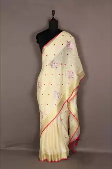 white Handloom Pure Linen Saree with embroidery work