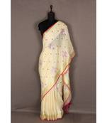 white Handloom Pure Linen Saree with embroidery work