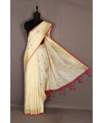 white Handloom Pure Linen Saree with embroidery work 2