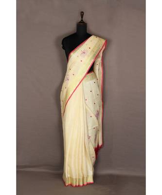 white Handloom Pure Linen Saree with embroidery work 3