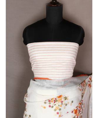 white Handloom Pure Linen Saree with embroidery work 1