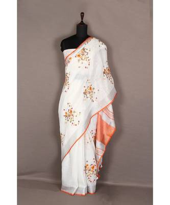 white Handloom Pure Linen Saree with embroidery work 2
