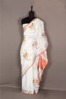 white Handloom Pure Linen Saree with embroidery work