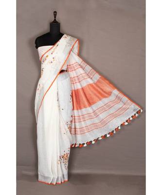 white Handloom Pure Linen Saree with embroidery work 3