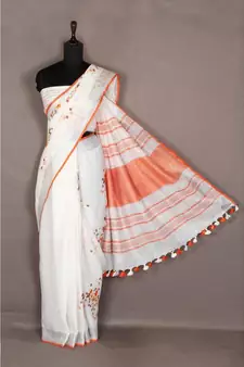 white Handloom Pure Linen Saree with embroidery work