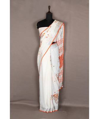 white Handloom Pure Linen Saree with embroidery work 4
