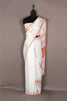 white Handloom Pure Linen Saree with embroidery work