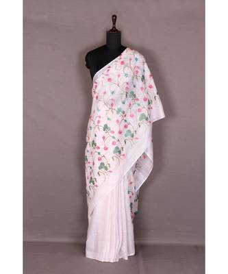 white Handloom Pure Linen Saree with embroidery work 1