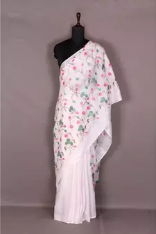 white Handloom Pure Linen Saree with embroidery work