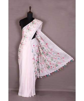 white Handloom Pure Linen Saree with embroidery work 2