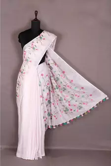 white Handloom Pure Linen Saree with embroidery work