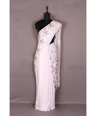 white Handloom Pure Linen Saree with embroidery work 3