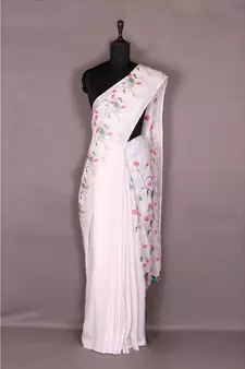 white Handloom Pure Linen Saree with embroidery work