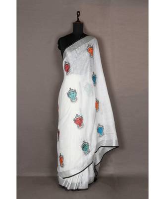 white Handloom Pure Linen Saree with embroidery work 1