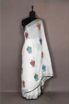 white Handloom Pure Linen Saree with embroidery work