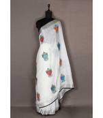 white Handloom Pure Linen Saree with embroidery work