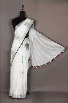 white Handloom Pure Linen Saree with embroidery work