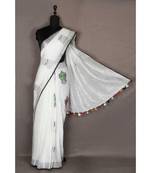 white Handloom Pure Linen Saree with embroidery work