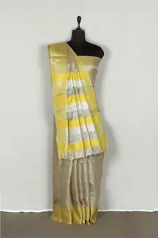 yellow Handloom pure Tissue Linen Saree with blouse piece