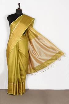 yellow Handloom pure Tissue Linen Saree with blouse piece